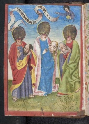 Drei Züricher Schutzpatrone mit ihren abgeschlagenen Häuptern: der heilige Felix, die heilige Regula, der heilige Exuperantius; Christus mit Schriftband.