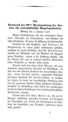 133. Protocoll der 27sten Versammlung der Section für vaterstädtische Angelegenheiten.