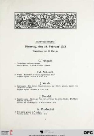 Versteigerung: Dienstag, den 18. Februar 1913, vormittags von 10 Uhr ab (Nr. 1-175)