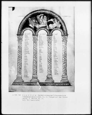Evangeliar — Kanontafel mit drei Evangelistensymbolen, Folio 20recto