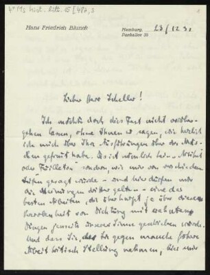 Brief von Hans Friedrich Blunck an Will Scheller