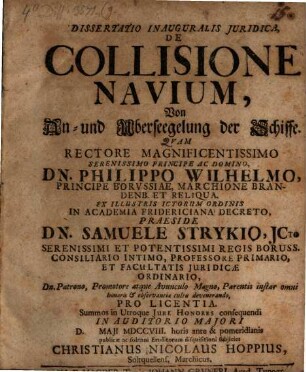 Dissertatio Inauguralis Juridica De Collisione Navium : = Von An- und Uberseegelung der Schiffe