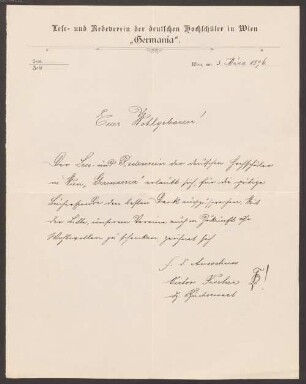 Felix Dahn (1834 - 1912) Nachlass: Brief des Lese- und Redevereins der Deutschen Hochschüler in Wien "Germania" an Felix Dahn - BSB Ana 580 Lese- und Redevereins der Deutschen Hochschüler in Wien Germania