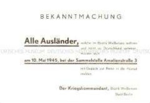 Bekanntmachung des Militärkommandanten von Berlin-Weißensee zur Rückführung von Ausländern