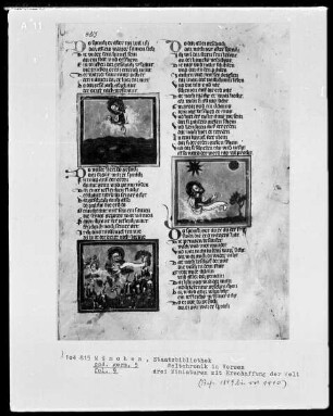 Rudolf von Ems, Weltchronik — Buchseite mit drei Miniaturen, Folio 9recto
