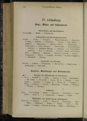 IV. Abtheilung. Berg-, Hütten- und Salinenwesen