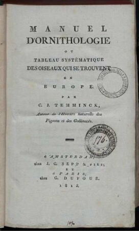 Manuel D'Ornithologie Ou Tableau Systèmatique Des Oiseaux Qui Se Trouvent En Europe