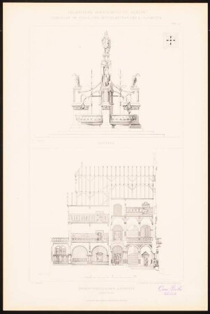 Herrschaftlicher Landsitz: Querschnitt, Brunnen: Ansicht und Grundriss (aus: C. Schäfer, Die Bauhütte, Entwürfe im Stile des Mittelalters, 3. Bd., 1895, Blatt 57)