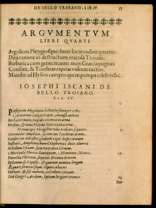 Argumentum Libri Quarti. ... Josephi Iscani De Bello Troiano Lib. IV.