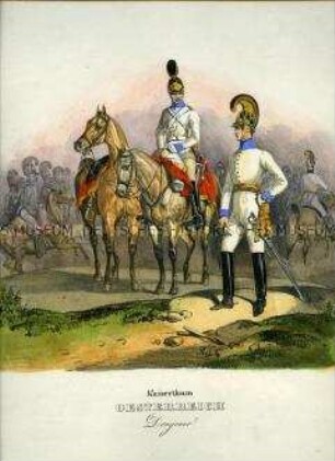 Uniformdarstellung, Gemeiner und Offizier des Dragoner-Regiments, Kaiserreich Österreich, 1835. Tafel 155 aus: Eckert/Monten: Das deutsche Bundesheer.