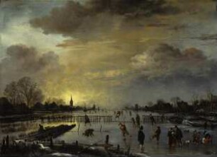 Winterlandschaft mit Schlittschuläufern bei Sonnenuntergang