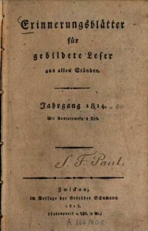 Erinnerungs-Blätter für gebildete Leser aus allen Ständen. 1814 (1815)