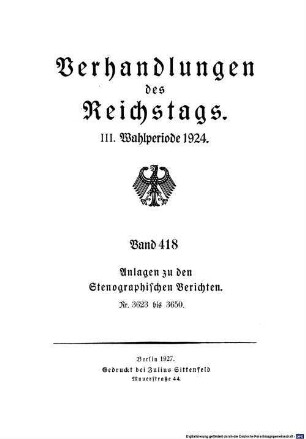 Verhandlungen des Reichstages. Stenographische Berichte. 418. 1924