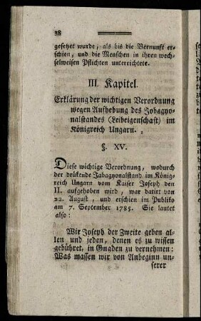 III. Kapitel. Erklärung der wichtigen Verordnung wegen Aufhebung des Jobagyonalstandes (Leibeigenschaft) im Königreich Ungarn.
