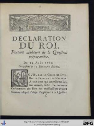 Déclaration du Roi, Portant abolition de la Question préparatoire.