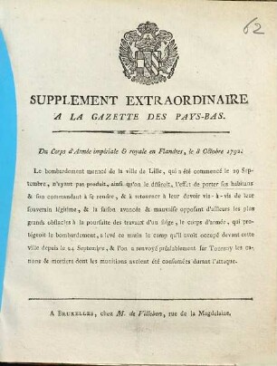 Gazette des Pays-Bas. Supplément extraordinaire à la Gazette des Pays-Bas. 1792, 8 Octobre
