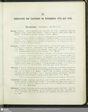 II. Uebersicht der Lectionen im Schuljahre 1875 auf 1876