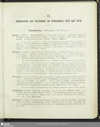 II. Uebersicht der Lectionen im Schuljahre 1875 auf 1876