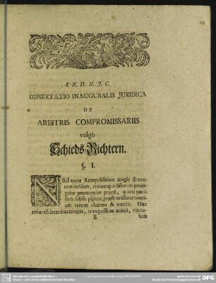 Dissertatio Inauguralis Iuridica De Arbitris Compromissariis vulgo Schieds-Richtern
