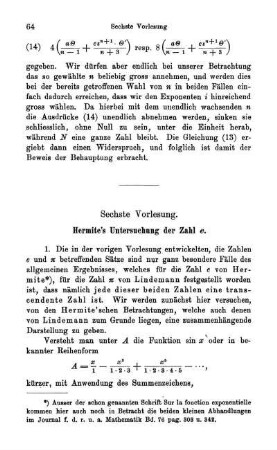 Sechste Vorlesung. Hermite's Untersuchung der Zahl e.