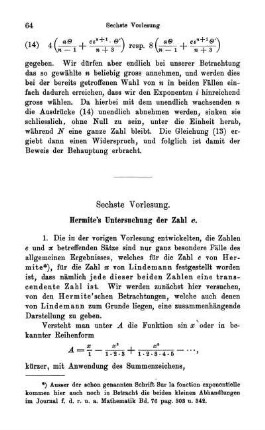 Sechste Vorlesung. Hermite's Untersuchung der Zahl e.