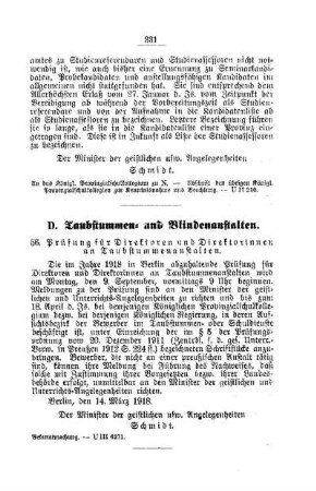 Prüfung für Direktoren und Direktorinnen an Taubstummenanstalten : [D. Taubstummen- und Blindenanstalten]