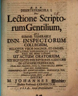 Dissertatiuncula I. De Lectione Scriptorum Gentilium