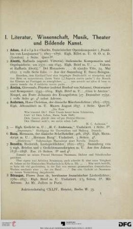 I. Literatur, Wissenschaft, Musik, Theater und Bildende Kunst (Nr. 1-209)