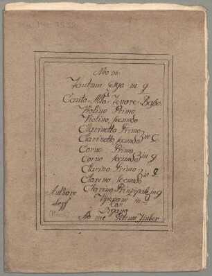 Tantum ergo, V (4), Coro, orch, org, G-Dur - BSB Mus.ms. 7532 : [dust cover title:] Nro. 36. // Tantum ergo in G // à // Canto, Alto, Tenore, Basso // Violino Primo // Violino secundo // Clarinetto Primo // [brace:] in C // Clarinetto secundo // Corno Primo // [brace:] in G // Corno secundo // Clarino Primo // [brace:] in D // Clarino secundo // Clarino Prinzipale in G // Tympani in D // con // Organo // Ad me Petrum Huber // [left side:] Authore // Posch