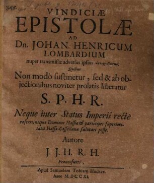 Vindiciae Epistolae ad D. Jo. Henr. Lombardium nuper transmissae advers. ipsius Autoschediasma