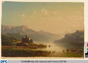 Gebirgslandschaft mit See und Rindern
