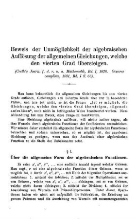 § I. Über die allgemeine Form der algebraischen Functionen.