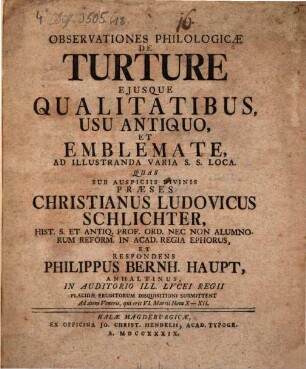 Observationes philologicae de turture, eiusque qualitatibus, usu antiquo et emblemate : ad illustranda varia s. s. loca
