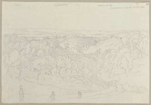 Der Trasimenische See sowie Castiglione del Lago und Passignano sul Trasimeno von Città della Pieve aus gesehen, im Vordergrund Staffagefiguren in Rückenansicht