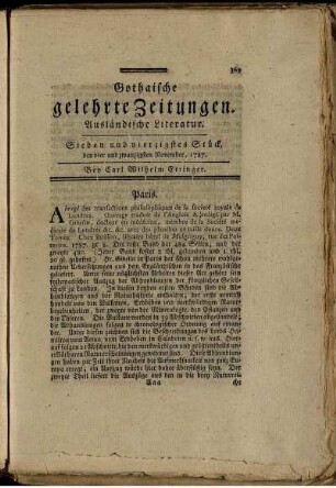 Sieben und vierzigstes Stück, den vier und zwanzigsten November, 1787.