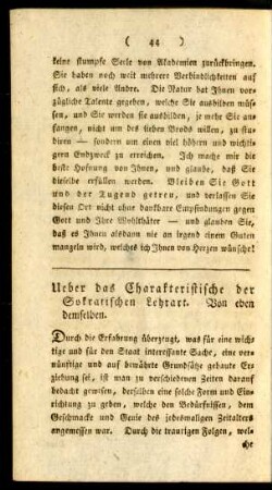 Ueber das Charakteristische der Sokratischen Lehrart. Von eben demselben