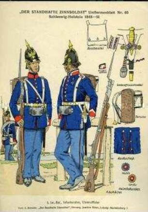 Uniformdarstellung, Gemeine und unteroffizier des 5. Infanterie-Bataillons, Detailstudie Ausrüstungsteile, Herzogtümer Schleswig und Holstein, 1848/1851.
