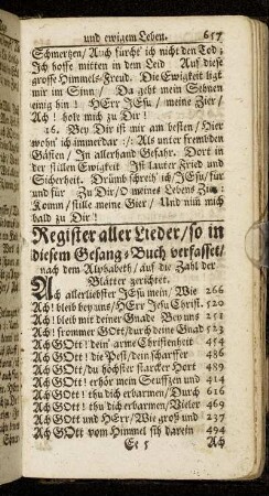 Register aller Lieder/ so in diesem Gesang-Buch verfasset/ nach dem Alphabeth/ auf die Zahl der Blätter gerichtet.