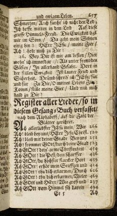 Register aller Lieder/ so in diesem Gesang-Buch verfasset/ nach dem Alphabeth/ auf die Zahl der Blätter gerichtet.