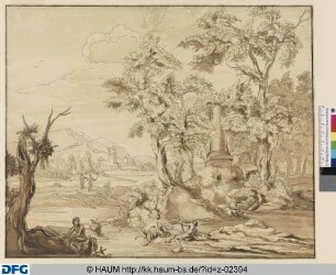 Arkadische Landschaft mit von Bäumen umgebenem Säulenfragment am Fluß