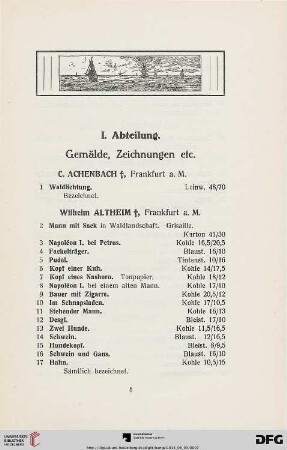 I. Abteilung: Gemälde, Zeichnungen etc. (Nr. 1-140)