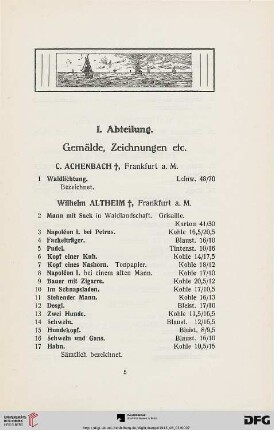 I. Abteilung: Gemälde, Zeichnungen etc. (Nr. 1-140)