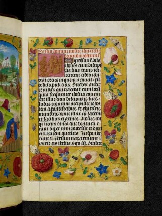 Vollbordürenseite mit Streumusterbordüre und Textanfangsminiatur: Gefangennahme Jesu
