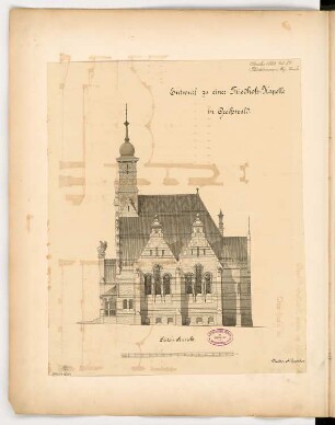Friedhofskapelle, Greifswald Monatskonkurrenz Oktober 1883: Aufriss Seitenansicht; Maßstabsleiste