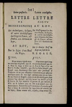 Lettre De Messigneurs = Lettre Ecrite Au Roy.