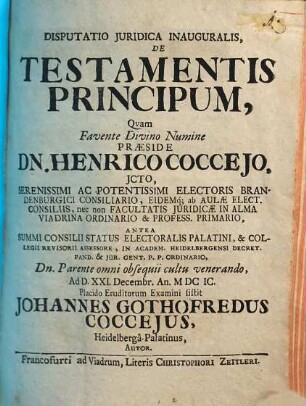 Disputatio juridica inauguralis De testamentis principum