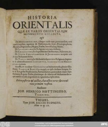 Historia Orientalis : Quae Ex Variis Orientalium Monumentis Collecta, agit De Muhammedismo, ...