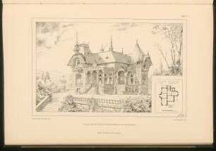 Villa Laczko, Budapest: Grundriss und perspektivische Ansicht (aus: Stadt- und Landhäuser, hrsg. von Ernst Wasmuth, Berlin 1894)
