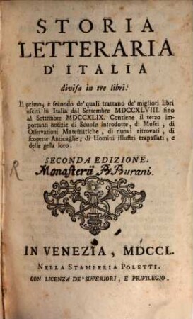 Storia Letteraria D'Italia : divisa in tre libri. 1