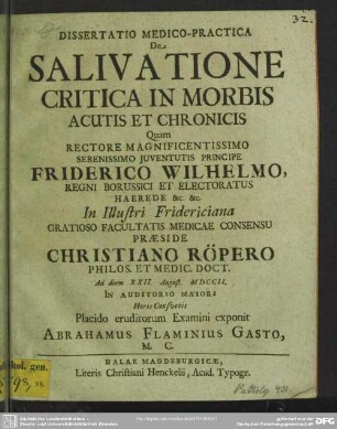 Dissertatio Medico-Practica De Salivatione Critica In Morbis Acutis Et Chronicis
